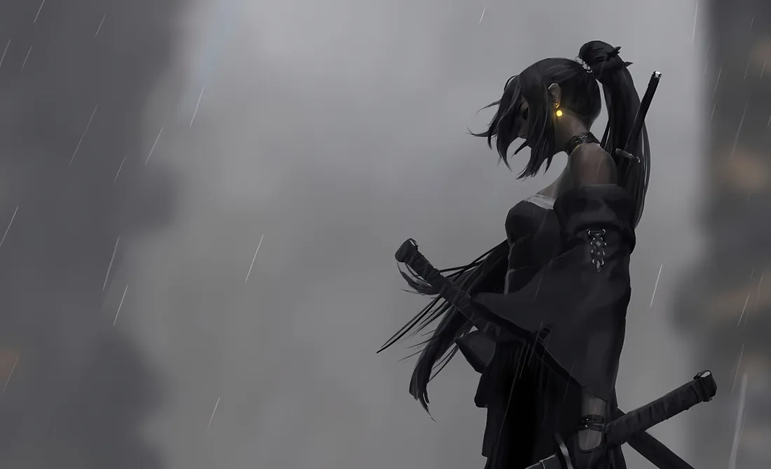 2k动漫剑士壁纸｜阴雨天背景图片 - 黑色服饰双刀「哲风壁纸」