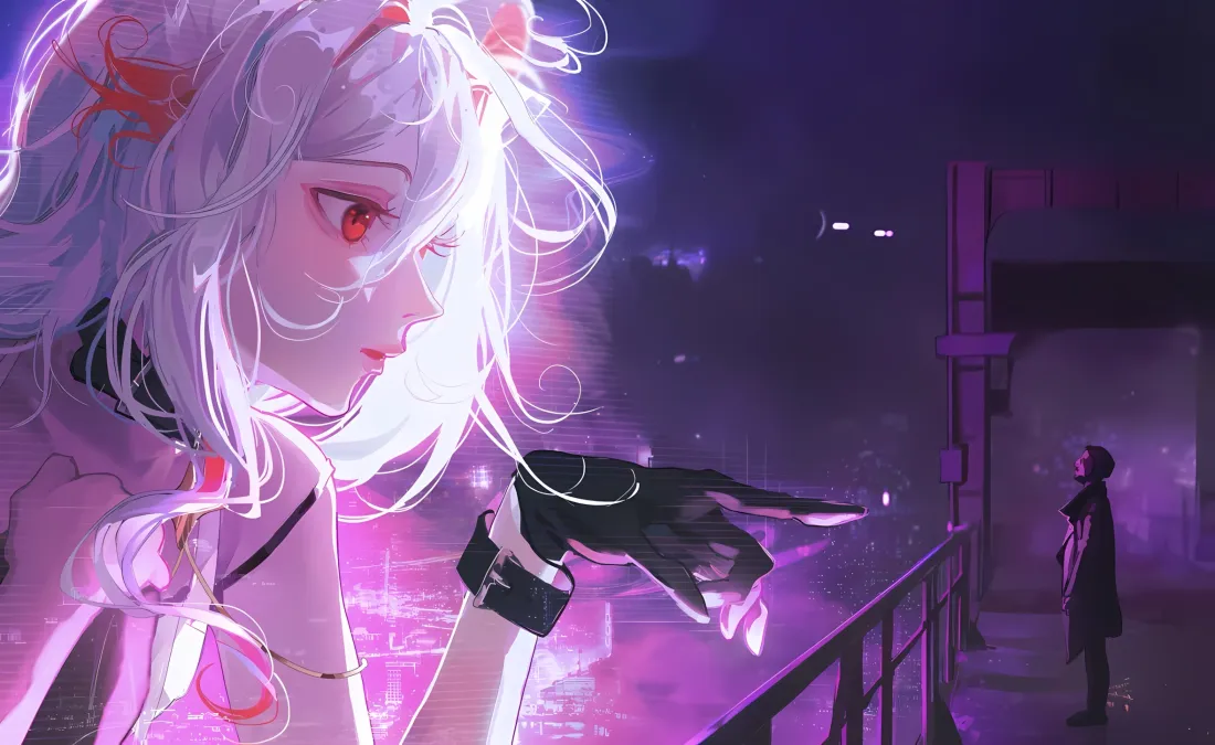 2k赛博朋克壁纸｜桥边背景图 - 白发红瞳少女「哲风壁纸」