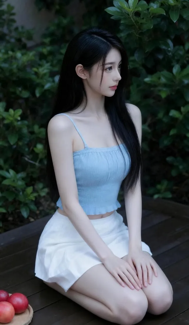 蓝衣美女手机壁纸｜绿植背景图片 - 高级「哲风壁纸」