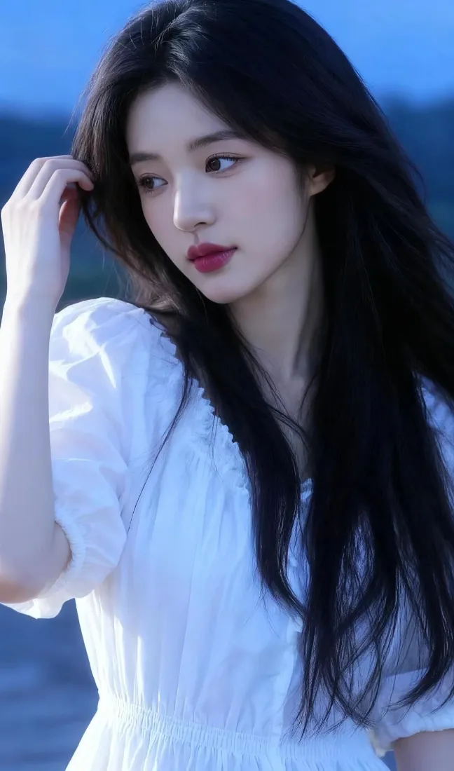 白衣美女手机壁纸｜自然风景图 - 高级红唇长发「哲风壁纸」