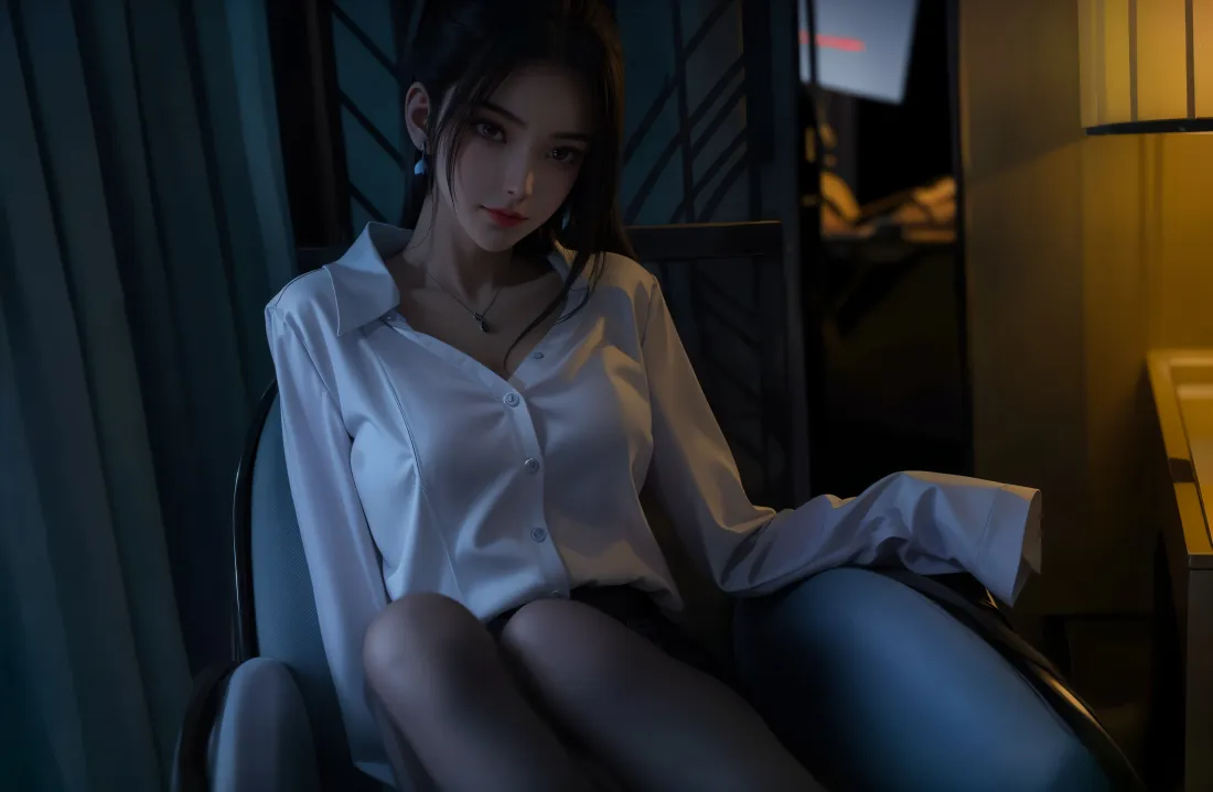 5k白衬衫美女壁纸｜室内背景 - 迷人坐姿灯光「哲风壁纸」