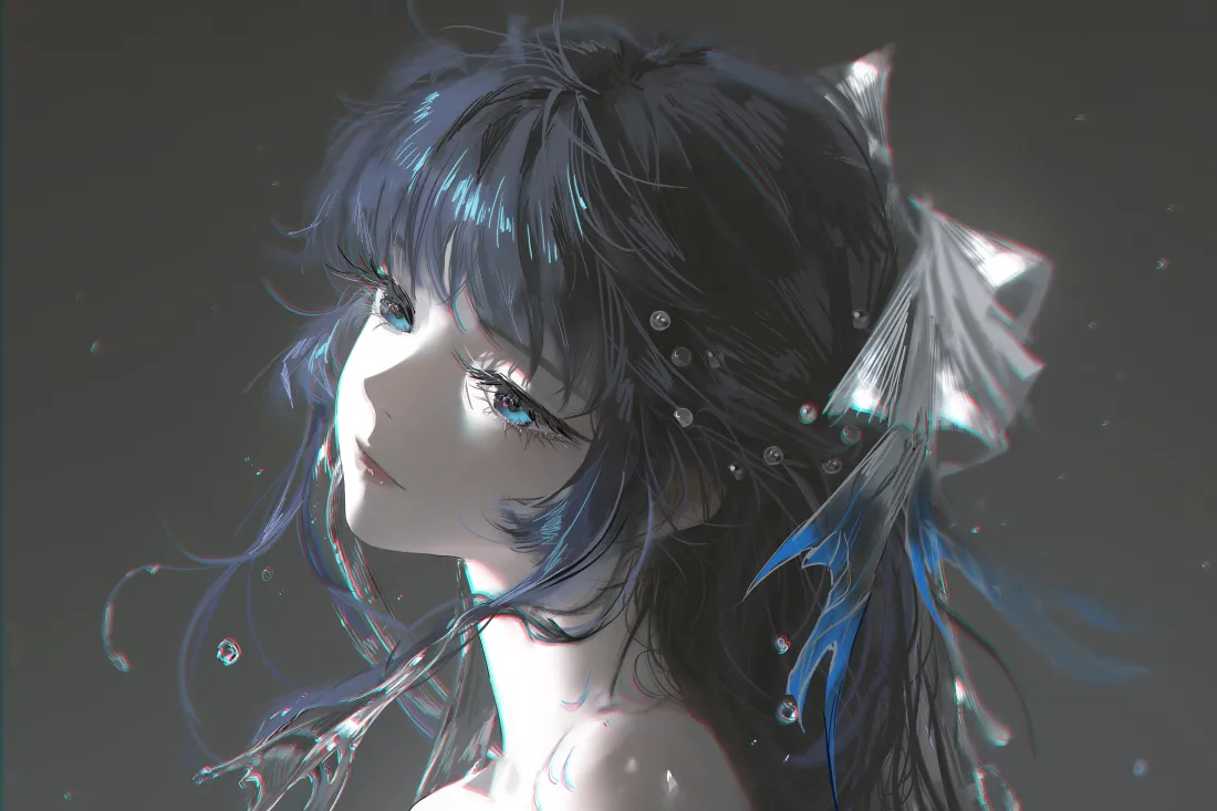 4k蓝发少女壁纸｜暗背景 - 8k动漫二次元「哲风壁纸」