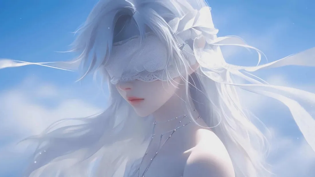 2k白发蒙眼少女壁纸｜蓝天云朵背景 - 动漫角色「哲风壁纸」