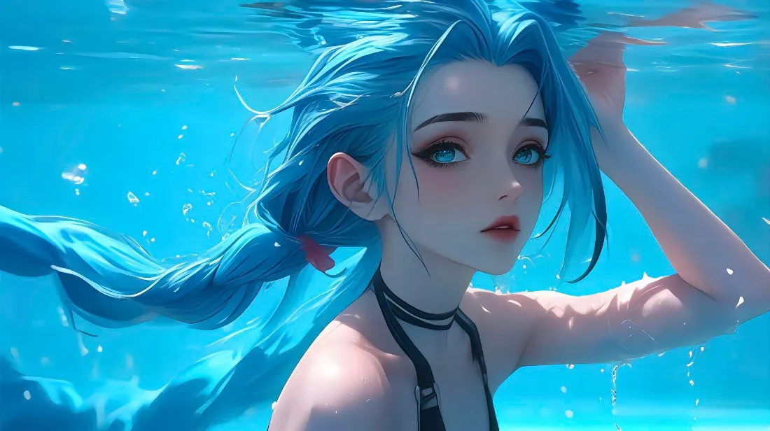 2k蓝发少女壁纸｜水下背景图片 - 气泡「哲风壁纸」