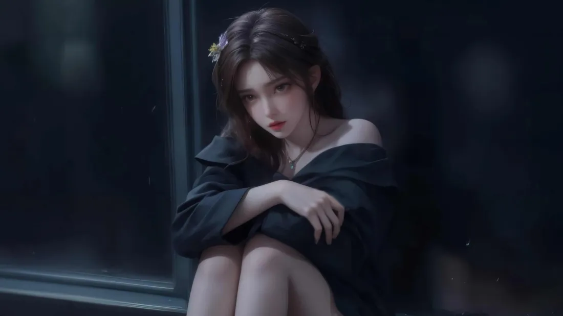 3k黑衣女子动漫壁纸｜暗背景图片 - 窗边坐姿「哲风壁纸」