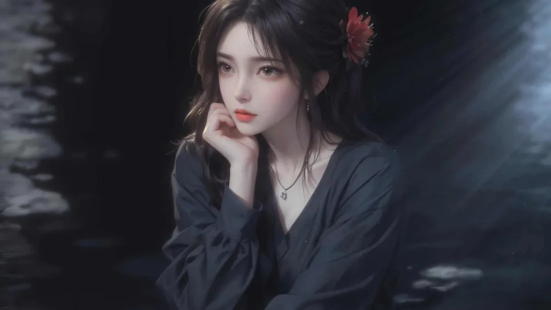 2k动漫人物壁纸｜暗背景图片 - 深色服饰红色发饰「哲风壁纸」