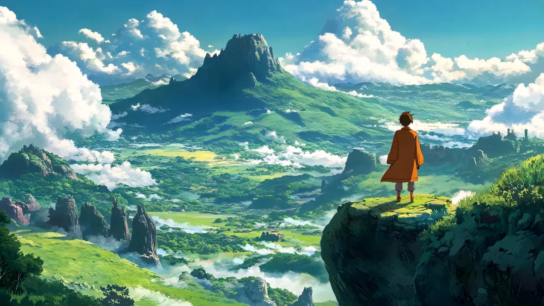 4k天空之城壁纸｜绿色山峦背景图片 - 卡通人物「哲风壁纸」