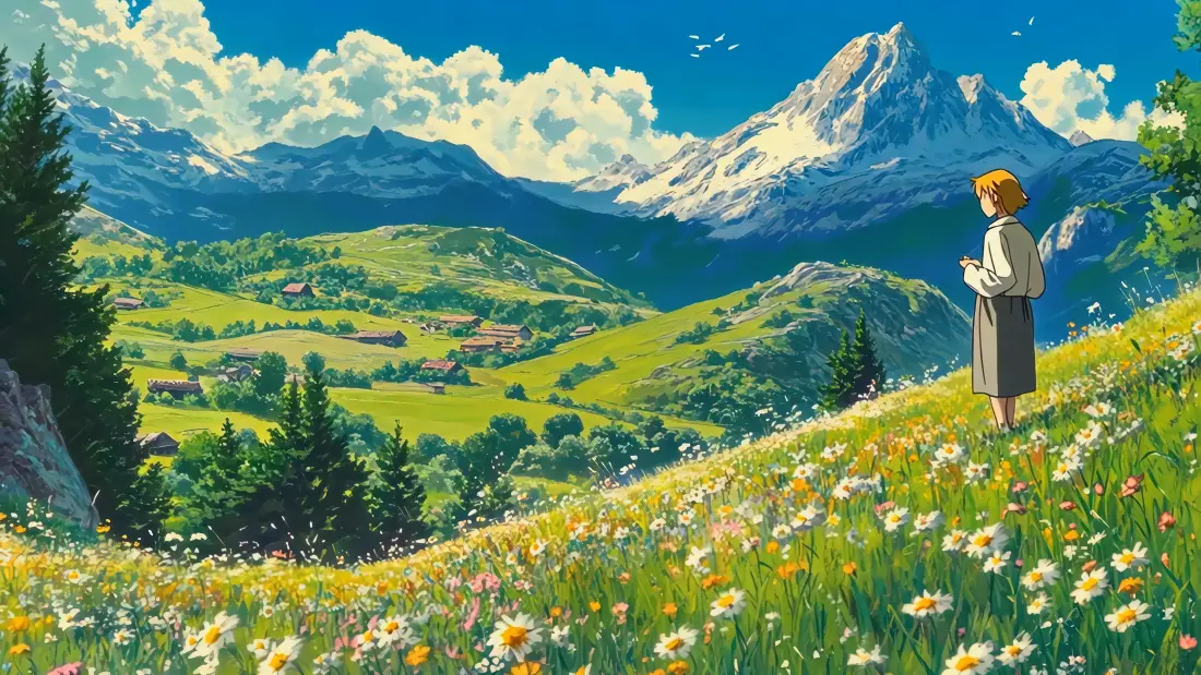 4k宫崎骏田园壁纸｜花田雪山背景图 - 治愈清新「哲风壁纸」