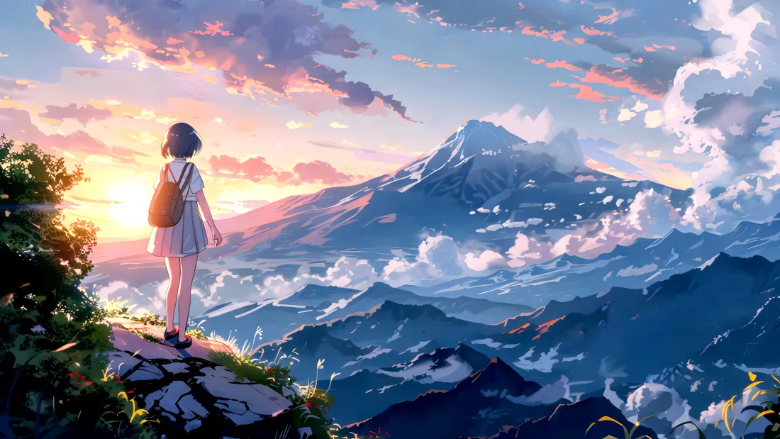 4k动漫场景壁纸｜山顶云海背景图 - 女孩背影「哲风壁纸」