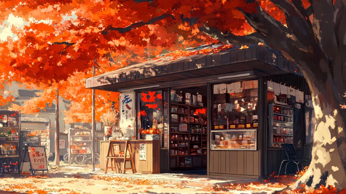 4k红枫日式小店壁纸｜秋日街景背景图片 - 二次元「哲风壁纸」