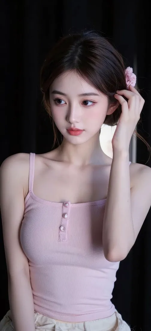 粉色吊带美女手机壁纸｜黑色背景 - 写真「哲风壁纸」