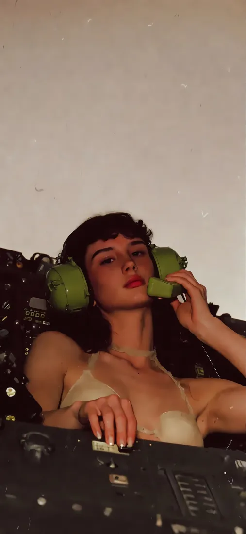 复古女性手机壁纸｜复古慵懒背景图片 - 绿色耳机「哲风壁纸」