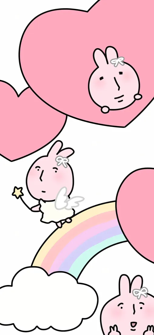 粉红兔手机壁纸｜爱心彩虹云朵背景 - 可爱翅膀「哲风壁纸」