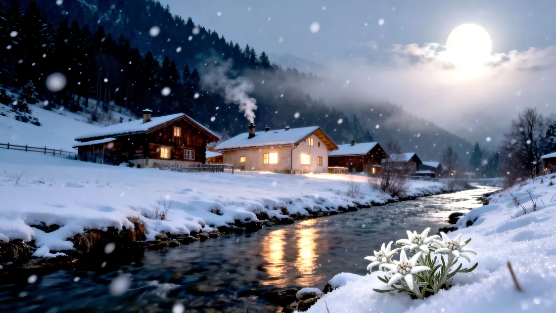 4k月夜雪景壁纸｜冬夜乡村背景 - 木屋河流「哲风壁纸」