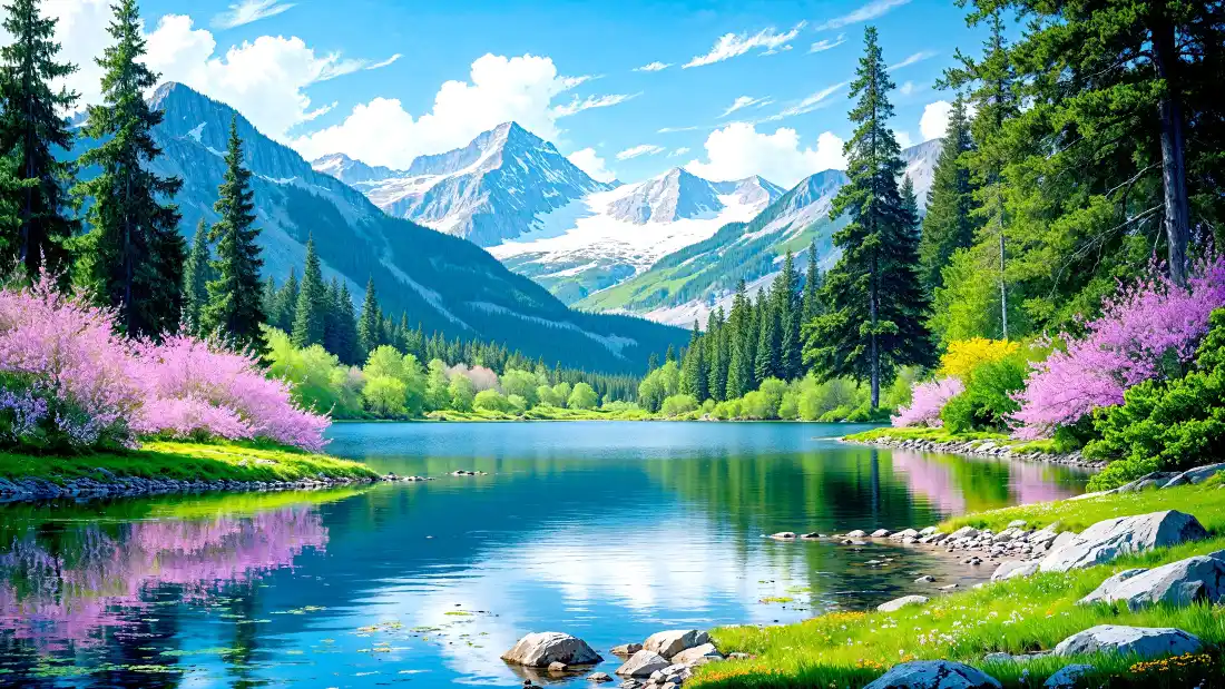 4k雪山湖泊壁纸｜自然风景背景 - 森林粉花白云「哲风壁纸」