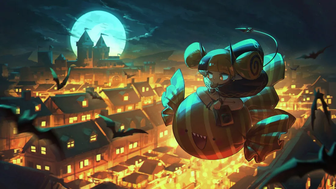 3k万圣节飞行小镇壁纸｜奇幻夜景背景图片 - 糖果大场面「哲风壁纸」