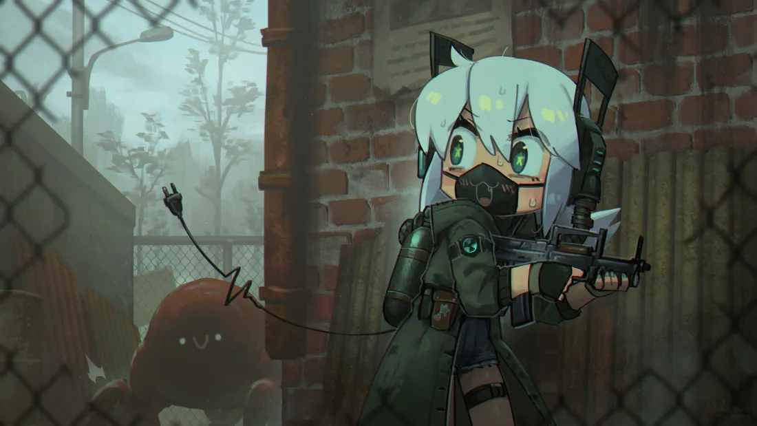 3k猫耳绿发枪械少女壁纸｜都市废墟背景 - 可爱战斗「哲风壁纸」