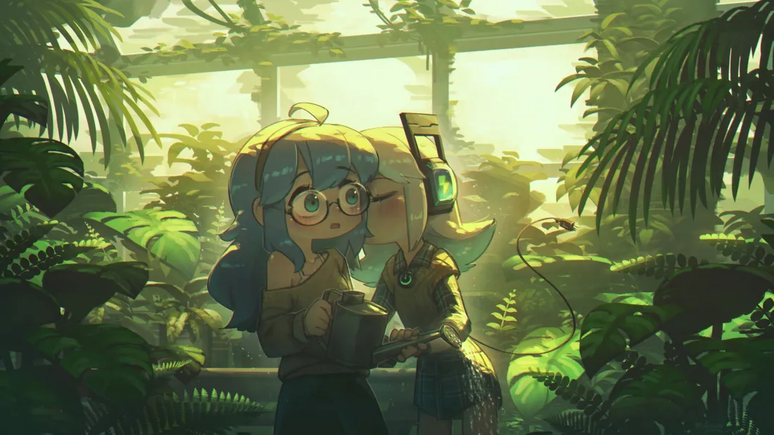 3k蓝发眼镜少女壁纸｜植物园背景图片 - 百合绿植「哲风壁纸」