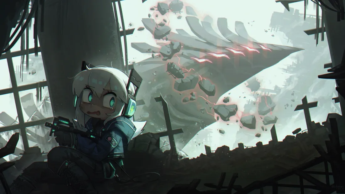 3k动漫角色壁纸｜废墟都市背景图片 - 巨兽战斗「哲风壁纸」