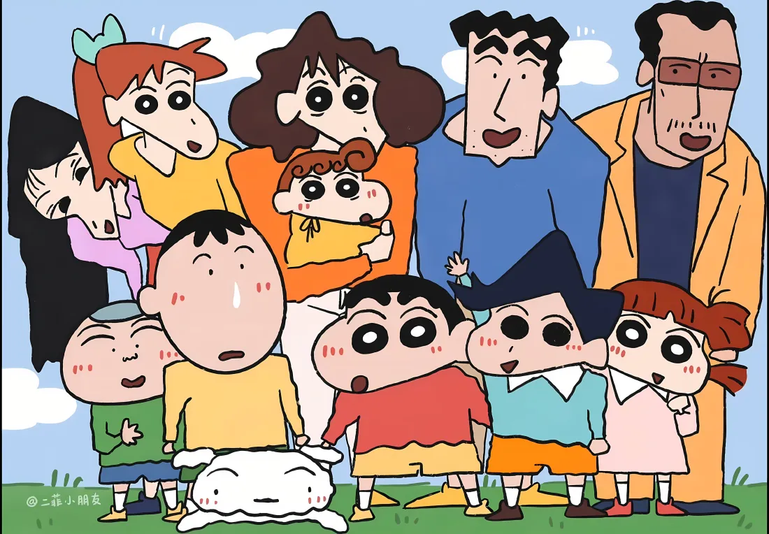 5k蜡笔小新壁纸｜草地背景图片 - 角色大合照「哲风壁纸」
