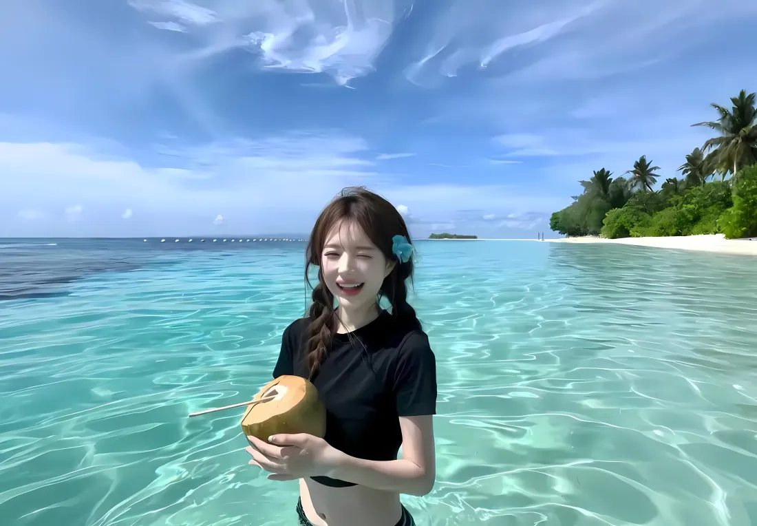 5k黑衣美女壁纸｜海边背景图片 - 椰子碧海沙滩「哲风壁纸」