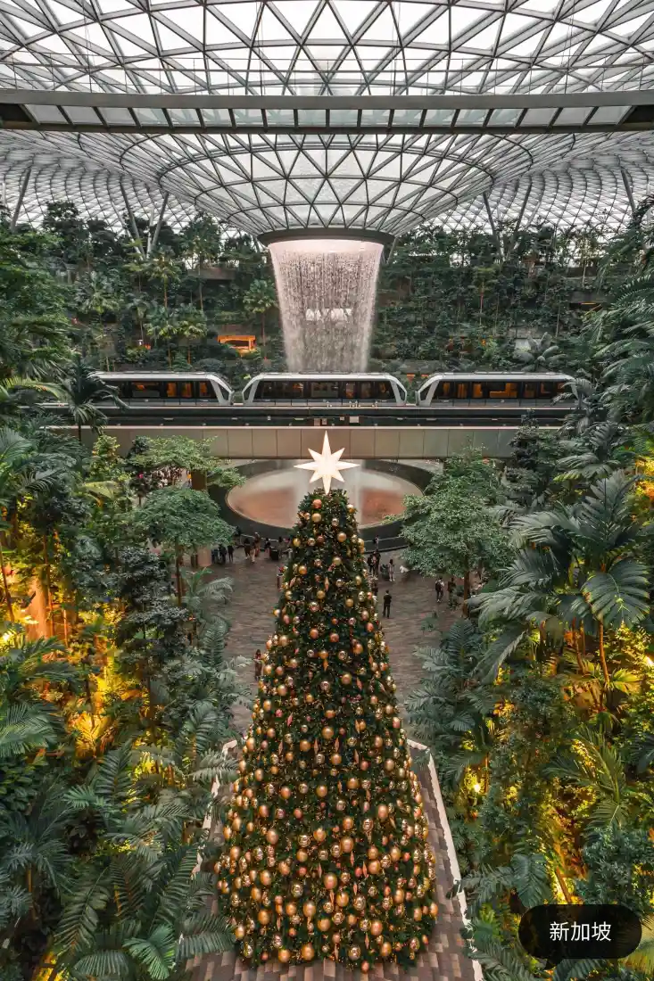 星耀樟宜手机壁纸｜室内瀑布背景图 - 圣诞树绿植「哲风壁纸」