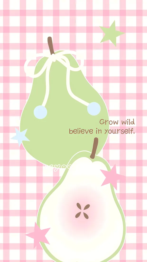 卡通梨手机壁纸｜粉色格子背景图 - 励志文字「哲风壁纸」