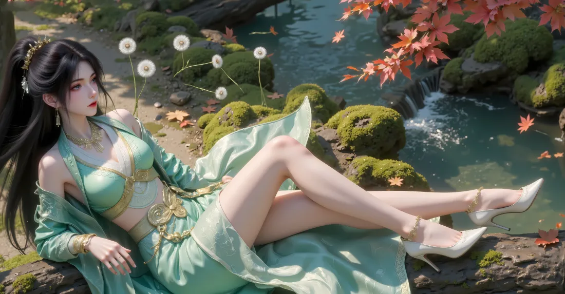 6k慕沛灵壁纸｜凡人修仙传背景图片 - 绿衣池塘枫叶「哲风壁纸」