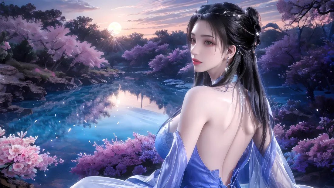 6k李慕婉壁纸｜古风樱花湖水夕阳 - 仙逆「哲风壁纸」