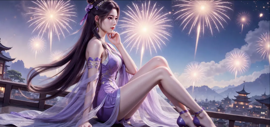 5k云霄壁纸｜古风建筑背景图片 - 紫色长裙烟花仙侠「哲风壁纸」