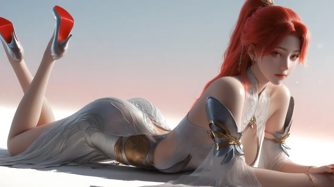 10k火允儿壁纸｜百炼成神背景图片 - 红发白衣红高跟鞋「哲风壁纸」