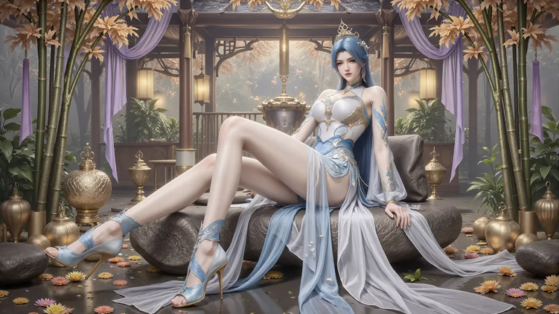 3k王秋儿壁纸｜古风庭院背景图片 - 蓝发美女「哲风壁纸」