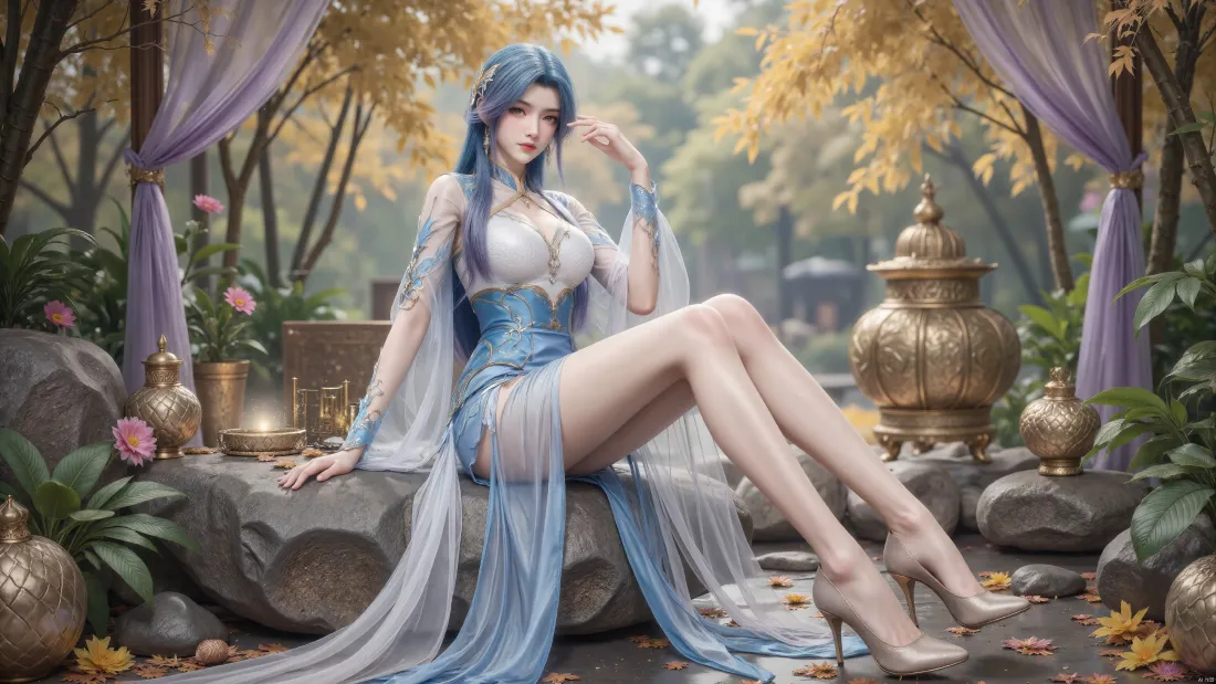 3k蓝发女子壁纸｜古风园林背景图片 - 动漫二次元「哲风壁纸」