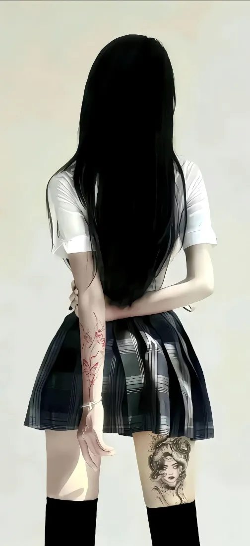 黑发女孩纹身手机壁纸｜格子裙背景 - 性感美女「哲风壁纸」