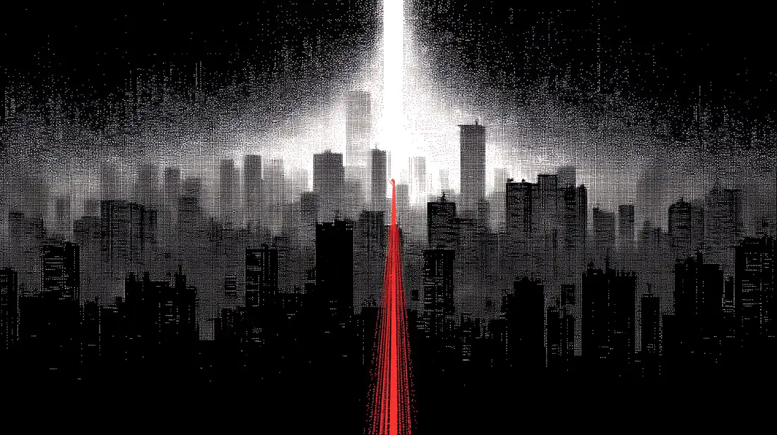 6k黑白城市剪影壁纸｜光束红线条背景图片 - 都市建筑艺术「哲风壁纸」