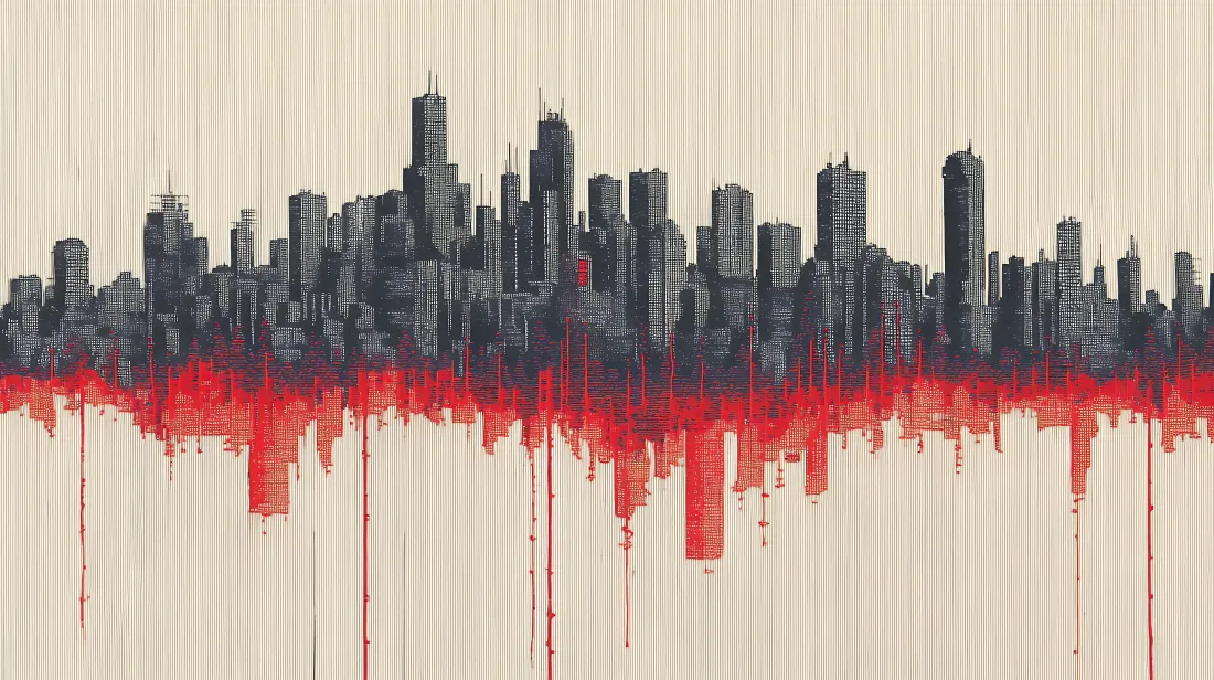 6k黑白城市艺术壁纸｜红色滴落背景图片 - 都市天际线「哲风壁纸」