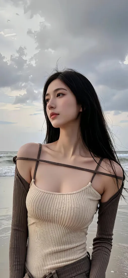 黑长直美女手机壁纸｜海边背景图片 - 米色吊带穿搭「哲风壁纸」