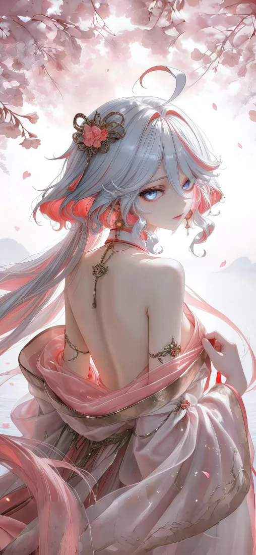 古风动漫美女手机壁纸｜樱花背景图片 - 粉色丝带「哲风壁纸」