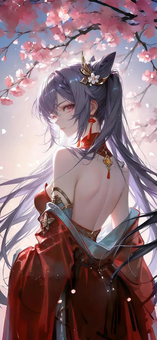 红衣美女手机壁纸｜樱花背景图片 - 古风「哲风壁纸」