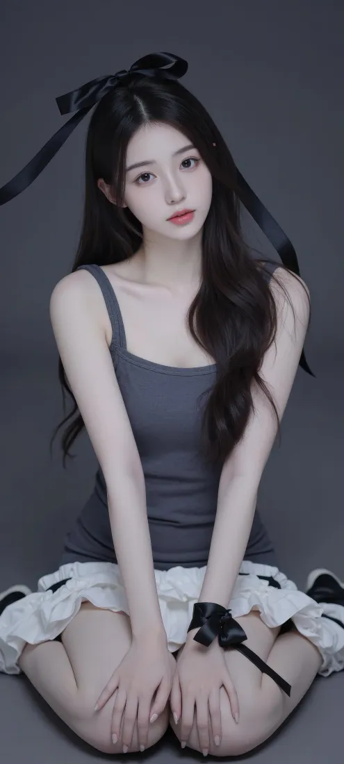 灰衣美女手机壁纸｜灰色背景图片 - 白色短裙 黑色蝴蝶结 红唇「哲风壁纸」