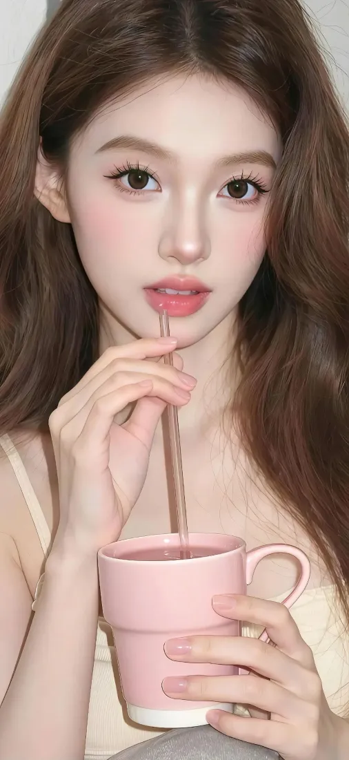 （长发美女手机壁纸｜粉色杯子背景图片 - 甜美）「哲风壁纸」