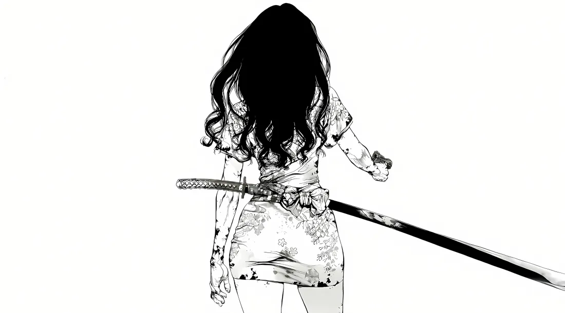 3k动漫角色背影壁纸｜黑白背景图片 - 长剑裙装「哲风壁纸」