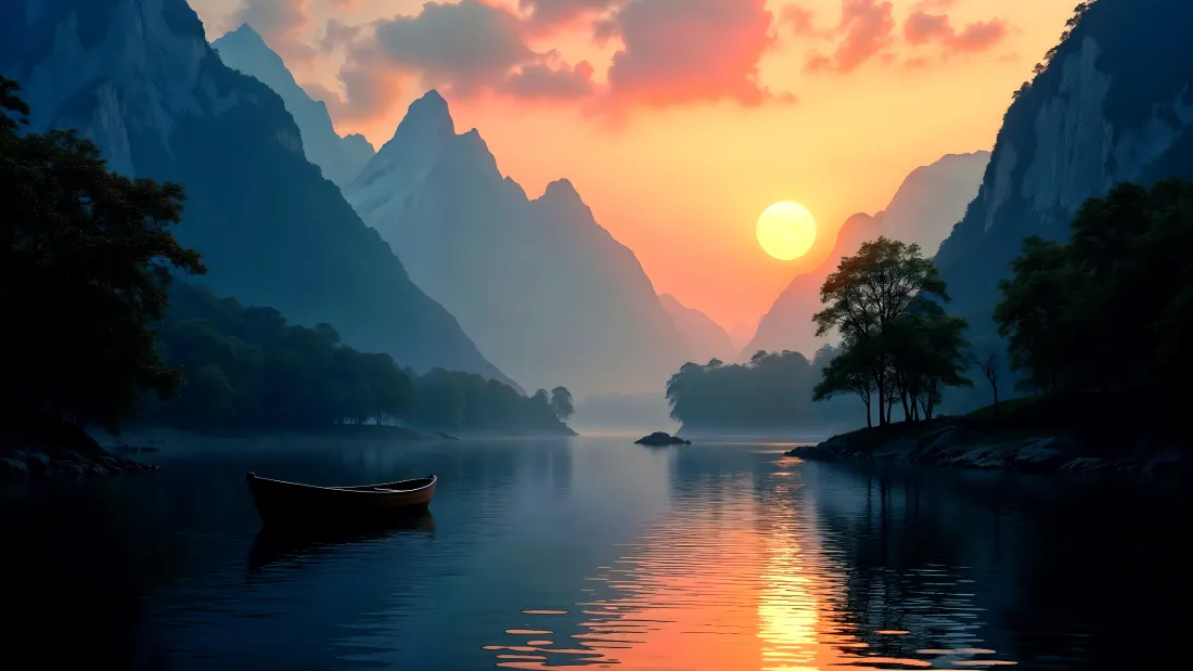 4k（山水壁纸｜风景背景图片 - 日落山峰小船）「哲风壁纸」