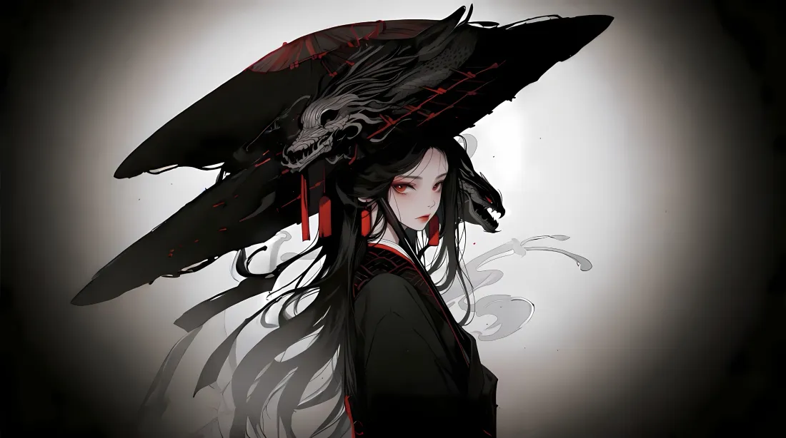 3k暗黑鹰饰动漫人物壁纸｜黑色背景 - 红缀长发「哲风壁纸」