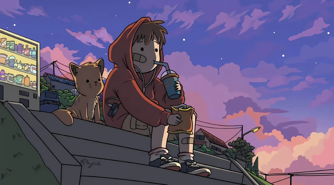 3k卡通人物壁纸｜晚霞街道背景 - 小狗红连帽衫「哲风壁纸」