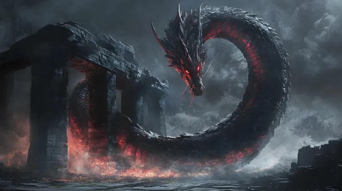 4k黑色巨龙壁纸｜废墟火焰背景 - 暗黑龙「哲风壁纸」