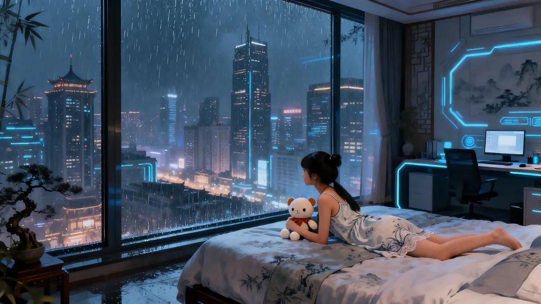 4k女孩雨夜都市卧室壁纸｜高楼落地窗背景图片 - 科技感「哲风壁纸」