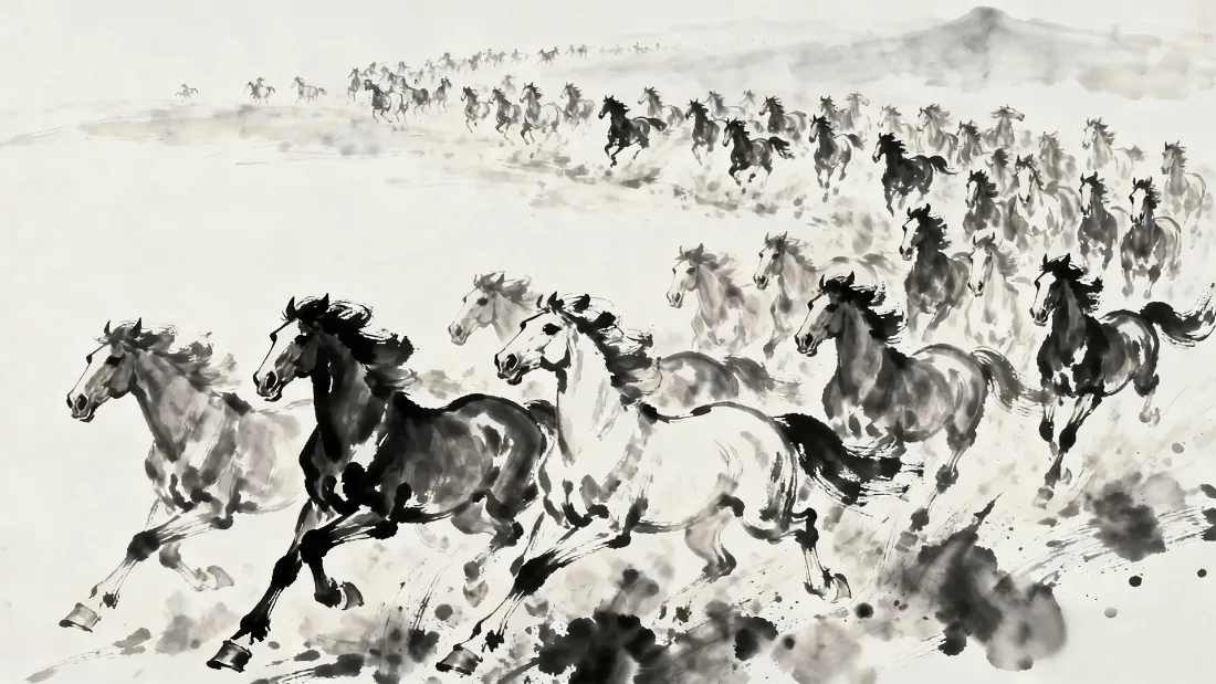 2k万马奔腾国画壁纸｜水墨奔马背景图片 - 国风「哲风壁纸」