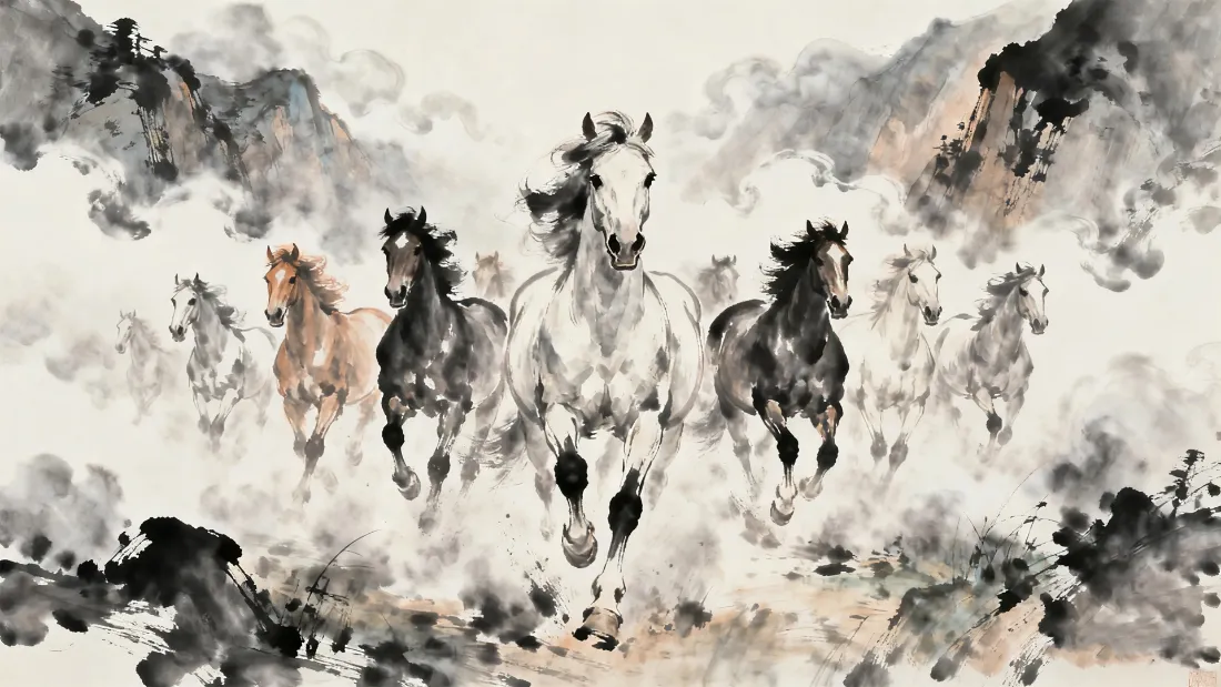 2k十骏图国画壁纸｜水墨奔马山水背景图片 - 艺术创作「哲风壁纸」