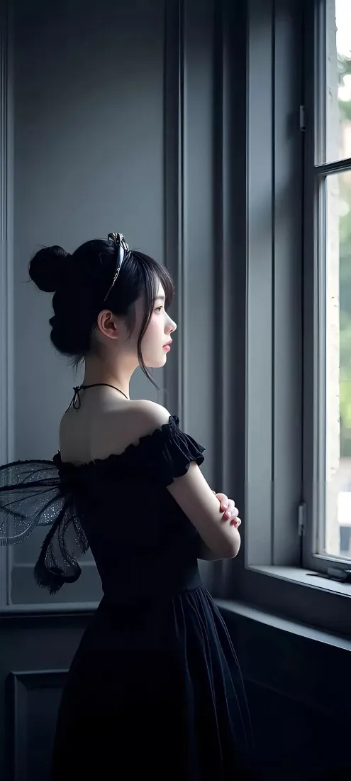 黑衣女子手机壁纸｜窗前背景图片 - 黑色礼服「哲风壁纸」